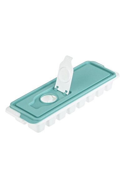 SHOPIENS White Plastic Box with Mint Green Lid for 16 Ice Cubes 26.5x9.5x3.7cm