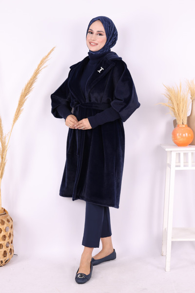 Bym Fashion Waist Belted Collar Stone Brooch Detailed Coat 7874 Navy Blue