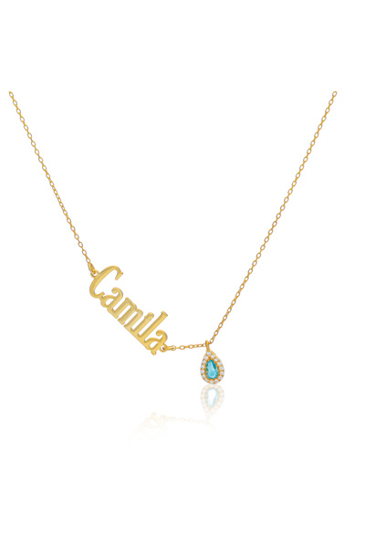 Soleildor Küçük Damla Taşlı Yan İsim Gümüş Kolye