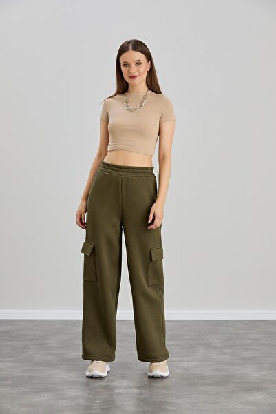 Sortie Women's Regular Size Cargo Pocket Pack Wide Leg Khaki Color Sweatpants