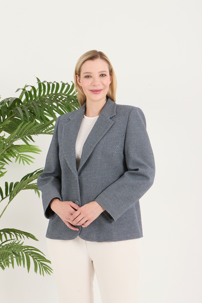 Fagi Women's Gingham Buttoned Blue and White Mixed Classic Jacket
