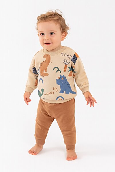 dinamik çocuk Baby Boy 3-Piece Ribbed Dino Printed Jurassic Park Winter 2-Piece Tracksuit Set 100% Cotton 6-24 Months