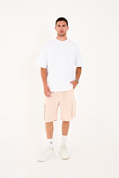 Rocqerx R-4428 Zipper Detailed Elastic Linen Shorts
