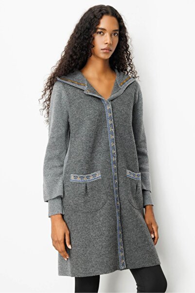 Desen Triko Women's Hooded Wool Coat with Felt Front Smoked