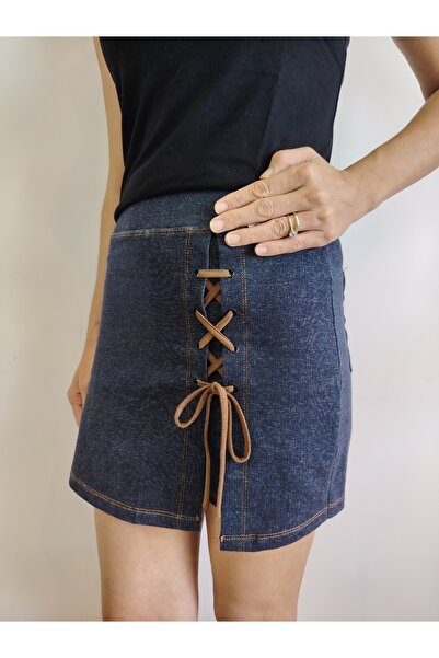moda felinya Lace-Up Lycra Denim Shorts Skirt
