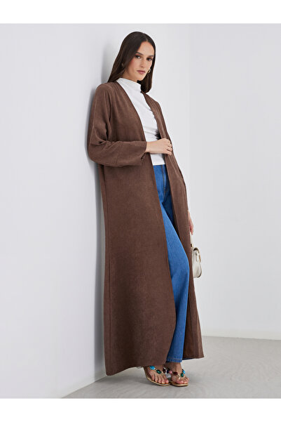 Styli Brown Suede Look Front Open Abaya