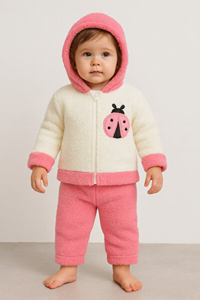Bubito Ladybug Embroidered Winter Plush Welsoft 2-Piece Hooded Set-Fuchsia