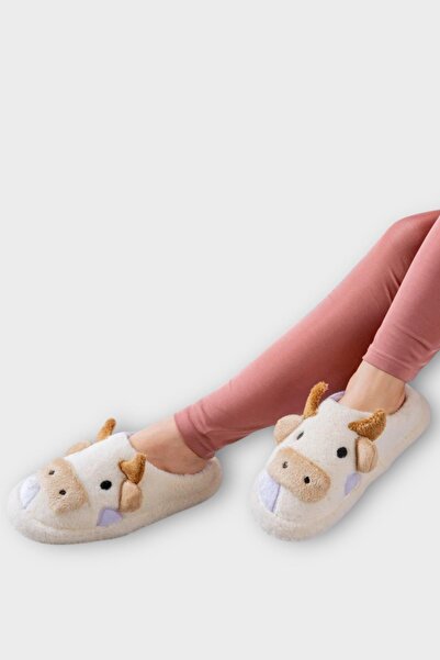 Liger Χειμερινές παντόφλες σπιτιού Unisex με αντιολισθητική σόλα με κέντημα με φιγούρα αγελάδας ΛΕΥΚΟ - ΛΙΛΑ