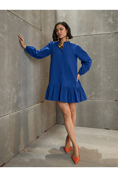 Sassafras By Styli Blue Poplin Frill Hem Mini Dress