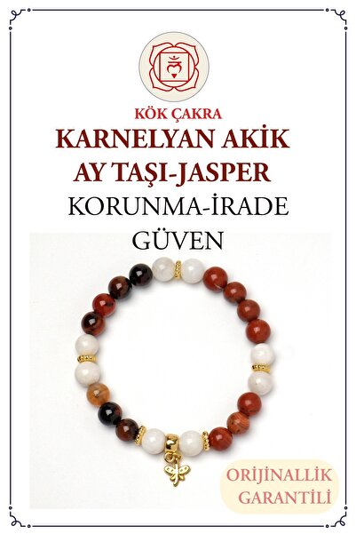 Orenda Design Karnelyan, Akik, Ay Taşı, Kırmızı Jasper Taşlı Sakral Çakra Bilekliği – Tutku ve Duygusal Denge