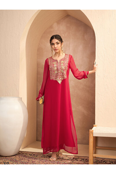 Sassafras By Styli Red Sequined Abaya Dress with Inner Cami Slip