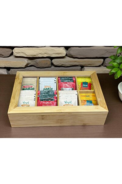 CHANCE GİFT Bambu Çok Amaçlı Organizer Çay Kahve Kapsül Takı Düzenleyici Kapaklı 8 Gözlü Bohem Dekoratif