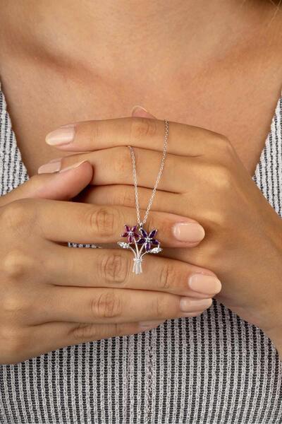 Gümüş Pazarım Aster Çiçeği Buketi Beyaz Altın Kaplama Kadın Gümüş Kolye