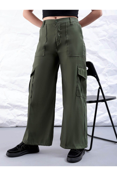 Freehand By Styli Women Green Flared Cargo Trousers