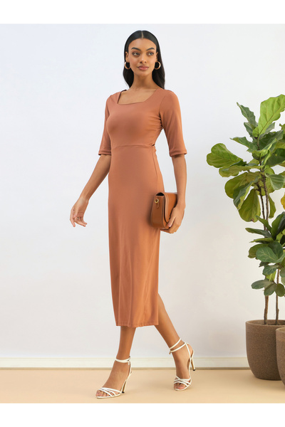 Sassafras By Styli Rust Square Neck Knit Bodycon Midi Dress