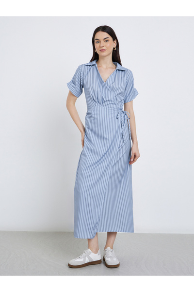 Take Two By Styli Striped Shirt Style V Neck Midi Dress