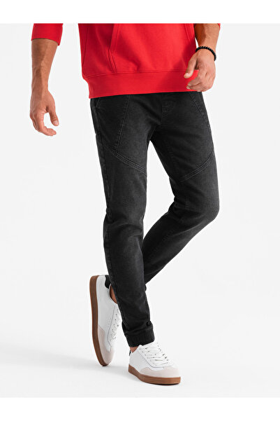 OMBRE Pánske džínsové tepláky s asymetrickým prešívaním - čierne V3 OM-PADJ-0165