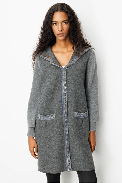 Desen Triko Women's Hooded Wool Coat with Felt Front Smoked