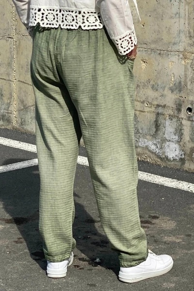 Mia Butik Plus Size Green Elastic Waist Linen Trousers