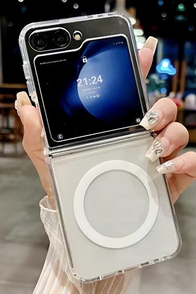 Nezih Case Samsung Galaxy Z Flip 7 Kılıf M-Safe Şarj Özellikli Şeffaf Sert Kapak