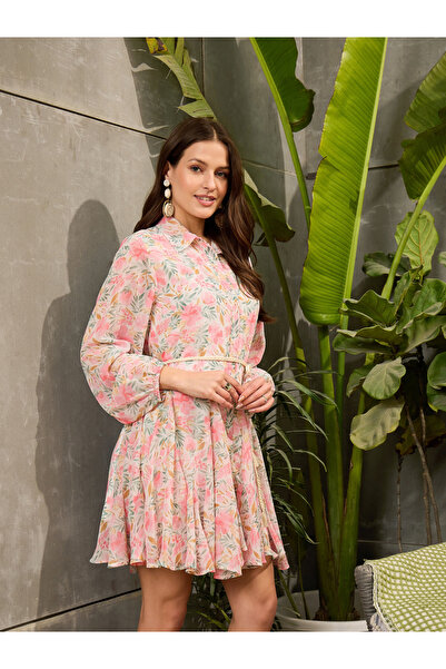 Sassafras By Styli Light Pink Floral Shirt Mini Dress