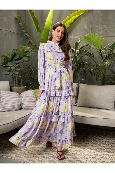 Sassafras By Styli Lilac Floral Print Ruffled Maxi Dress