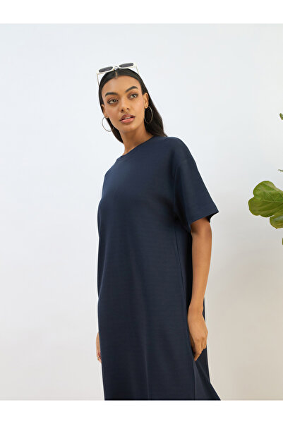Sassafras By Styli Navy Waffle Knit Oversized T-Shirt Midi Dress