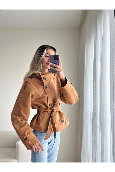 MODA Kahverengi Dik Yaka Kısa Trençkot