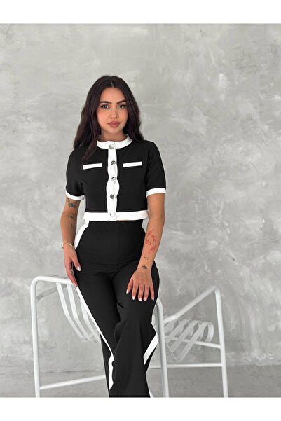 NEWCO Women's Black Ottoman Fabric Stripe Garnished Suit