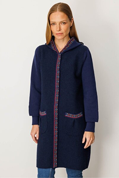 Desen Triko Women's Hooded Felt Wool Coat Y.A. Navy Blue