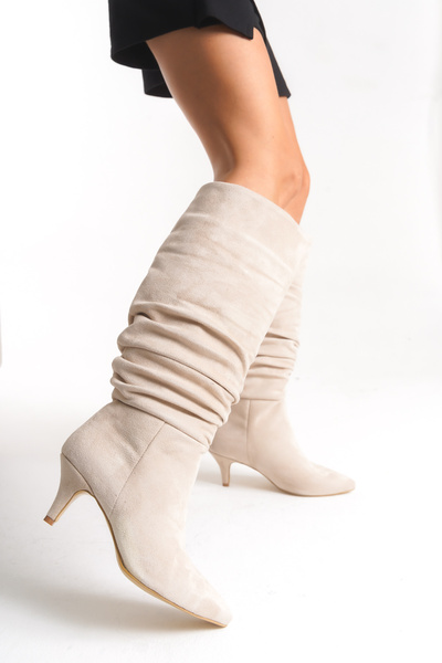 Limeo Women's Drawstring Detailed Pointed Toe Thin Heeled Long Boots