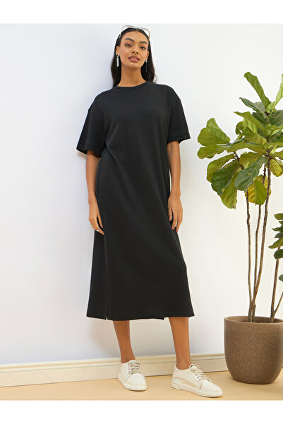 Sassafras By Styli Black Waffle Knit Oversized T-Shirt Midi Dress
