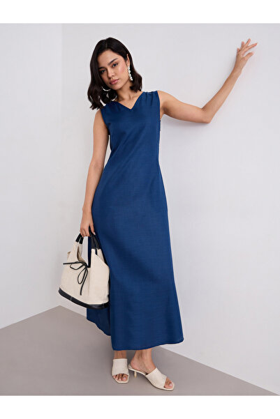 Styli Blue Solid Sleeveless A-Line Maxi Dress