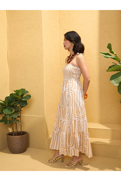 Sassafras By Styli Beige Smocked Strappy Maxi Dress