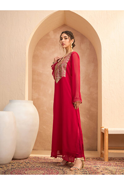 Sassafras By Styli Red Sequined Abaya Dress with Inner Cami Slip