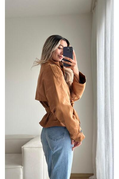 MODA Kahverengi Dik Yaka Kısa Trençkot