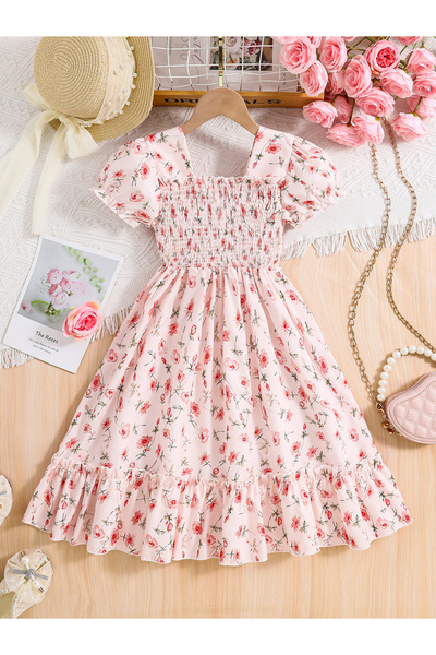 Take Two By Styli Girls Pink Floral Print Puff Sleeve Dress