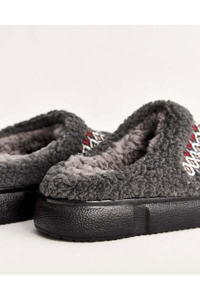 Chirpy Women's Winter Plush Indoor Shoes – Camel and Gray Patterned Stripe Detail, Ethnic Patterned Comfortable Polyurethane