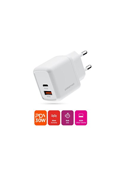Polosmart PBS137 Hızlı 1 USB 1 PD Çıkışlı 30W Şarj Adaptörü Duvar Şarjı Beyaz