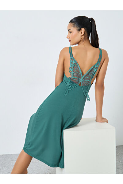 Styli Lace Butterfly Back Detail Ribbed Slip Dress