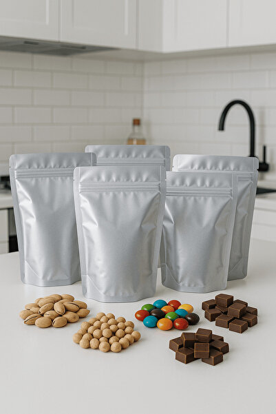 Plas+Plus Kilitli Alüminyum Doypack Kahve Kuruyemiş Bakliyat Kedi Köpek Kuş Yemi Saklama Torbası 13x22 cm 25Li