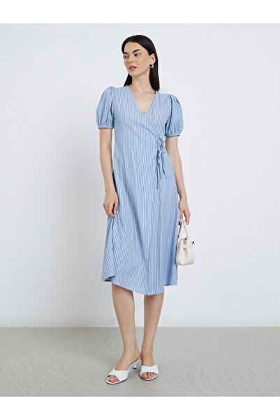 Take Two By Styli Striped Puff Sleeves Knee Length Dress