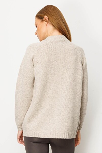 Desen Triko Women's Stand Collar Pocketed Basic Wool Cardigan V.Beige