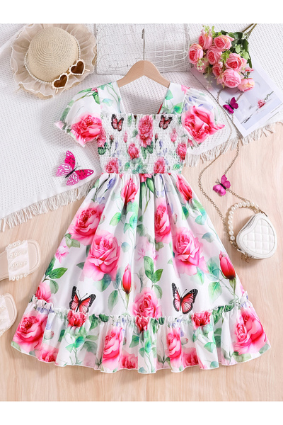 Take Two By Styli Girls Graphic Print Puff Sleeve Dress