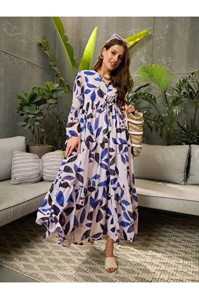 Sassafras By Styli White Leaf Print Tiered Maxi Dress