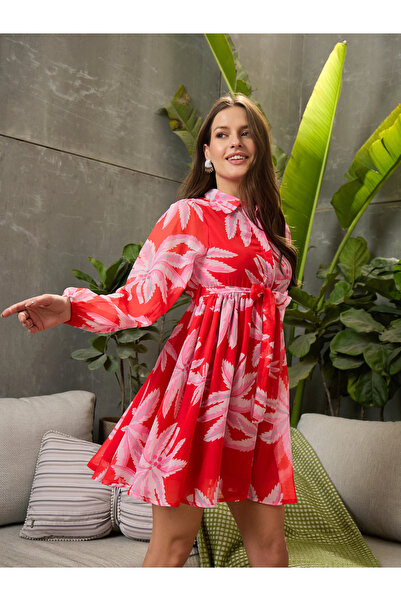 Sassafras By Styli Red Palm Print Front Button Mini Dress