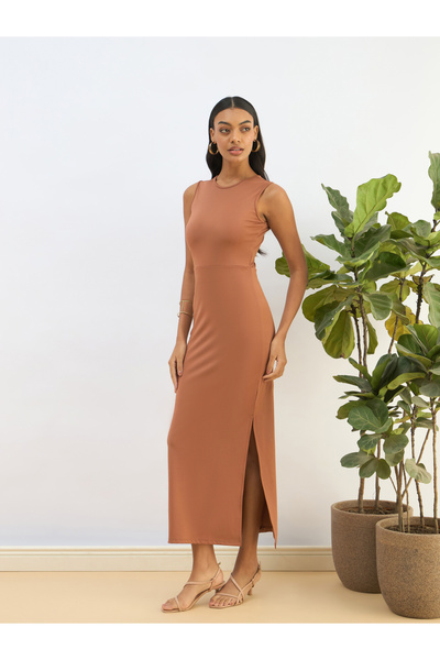 Sassafras By Styli Rust Sleeveless Knit Bodycon Midi Dress