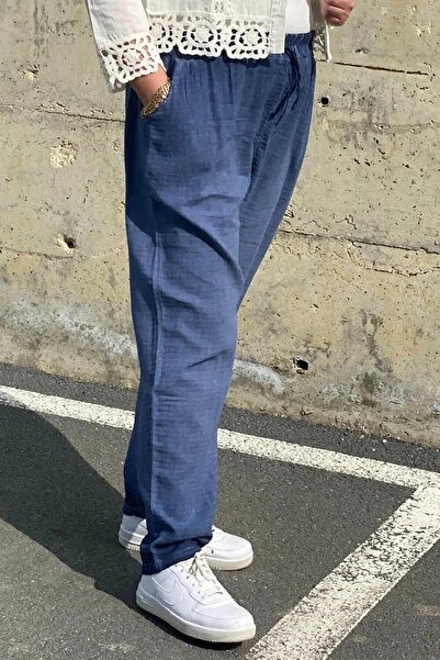 Mia Butik Plus Size Indigo Elastic Waist Linen Trousers