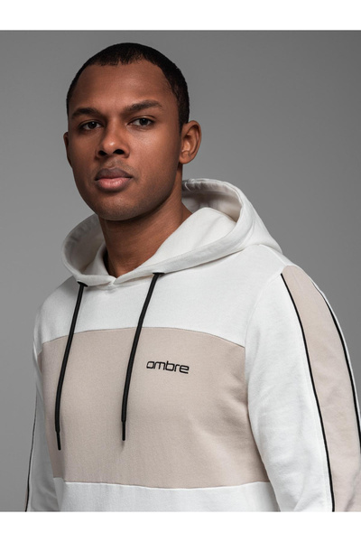 OMBRE Ανδρικό βαμβακερό φούτερ με διακοσμητικά στοιχεία σε αντίθεση - λευκό V1 OM-SSNZ-0225 L