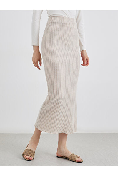 Take Two By Styli Beige Ribbed Knit Midi Skirt